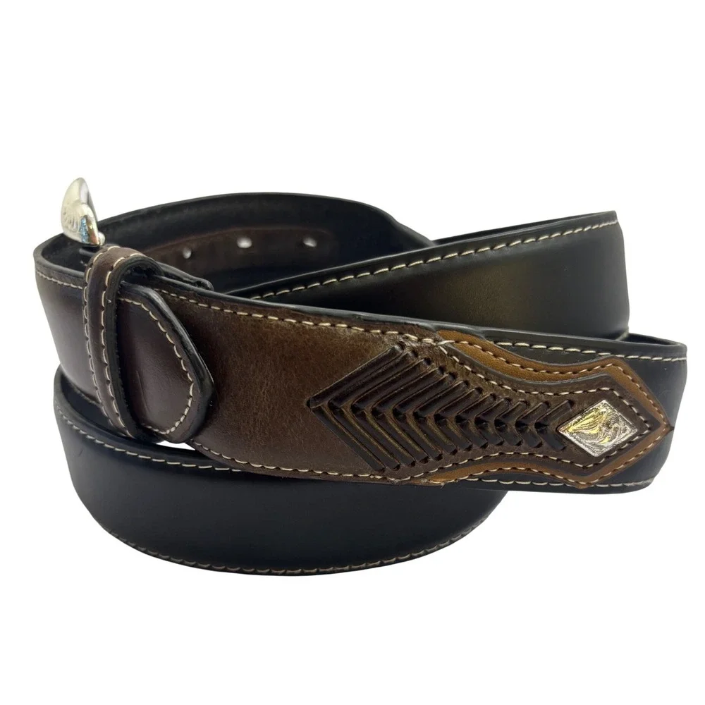 Mens Two Tone Leather Western Belt Black Brown Silver Engraved Buckle Concho